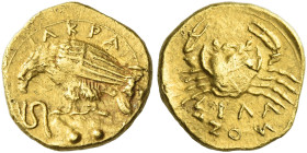 Sicily, Agrigentum.
Diobol circa 410-406, AV 1.36 g. AKPA Eagle standing l. on rock devouring serpent. On rock, two pellets. Rev. Crab; below, ΣIΛA /...