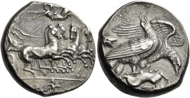 Sicily, Agrigentum. 
Tetradrachm signed by engraver Myron circa 410-406, AR 17.33 g. Fast quadriga driven r. by charioteer holding kentron and reins;...