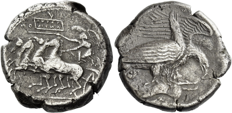 Sicily, Agrigentum. 
Tetradrachm circa 410-406, AR 17.39 g. Prancing quadriga d...