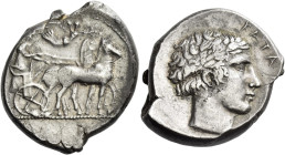 Catana. 
Tetradrachm circa 425-420, AR 17.25 g. Slow quadriga driven r. by charioteer, holding reins and kentron; in field above, Nike flying l. to c...