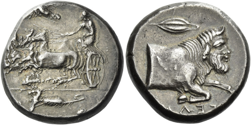 Gela. 
Tetradrachm circa 415-405, AR 17.17 g. [ΓΕΛΑΙΩΝ] Fast quadriga driven l....