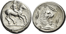 Leontini. 
Didrachm circa 475-470, AR 8.60 g. Naked horseman advancing r. Rev. Λ – EO – N – TIN – O Lion's head r. with jaws open and tongue protrudi...