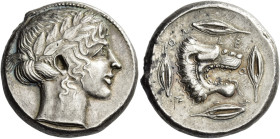 Leontini. 
Tetradrachm circa 440, AR 17.34 g. Laureate head of Apollo r. Rev. LE – O – N – T – IN – ON Lion’s head r., with open jaws and tongue prot...