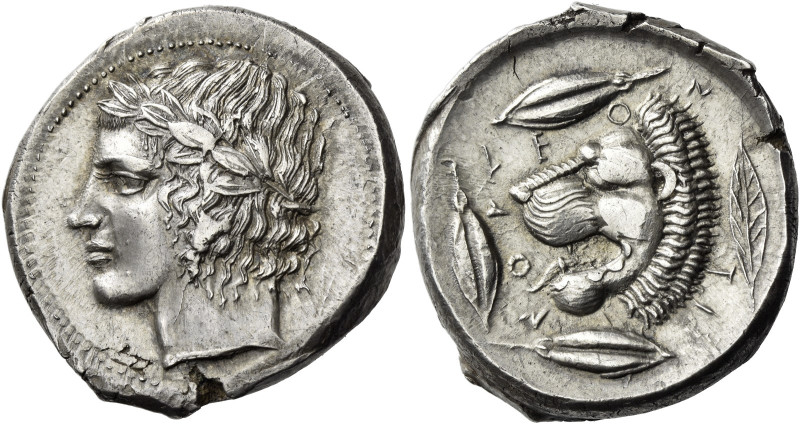 Leontini. 
Tetradrachm circa 430-425, AR 17.18 g. Laureate head of Apollo l. Re...