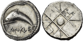 Messana. As Zankle under the Samians 
Chalcidian drachm circa 500, AR 5.53 g. DANKLE Dolphin swimming l. within sickle-shaped open harbour; outer edg...