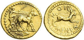 Messana. As Zankle under the Samians 
Dilitron circa 455-451, AV 1.45 g. The nymph Messana, holding kentron and reins, driving slow biga of mules r.;...