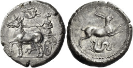 Messana. As Zankle under the Samians 
Tetradrachm circa 412-408, AR 17.20 g. Charioteer, holding kentron in l. hand and reins in r., driving slow big...