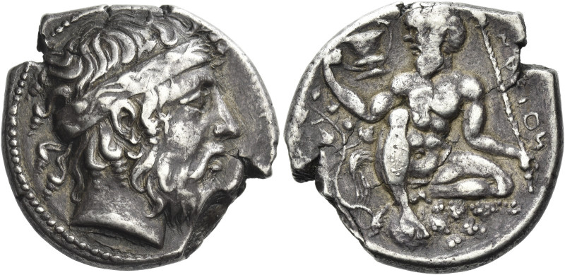 Naxos. 
Plated tetradrachm, circa 461-430, AR 12.55 g. Bearded head of Dionysus...