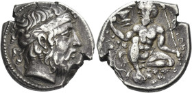 Naxos. 
Plated tetradrachm, circa 461-430, AR 12.55 g. Bearded head of Dionysus r., hair bound with tainia adorned with ivy-wreath. Rev. NAΞION retro...