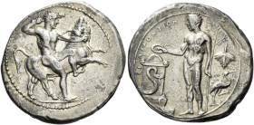 Selinus. 
Didrachm circa 409, AR 8.60 g. Heracles r., balancing on one foot, raising club above head with r. hand and grasping horn of bull rearing r...