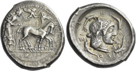 Syracuse. 
Tetradrachm circa 480-478, AR 17.40 g. Slow quadriga driven r. by charioteer holding kentron and reins; above, Nike flying r. to crown the...