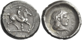 Syracuse. 
Drachm circa 480-470, AR 4.23 g. Horseman r. Rev. ΣVRAKOΣION Head of nymph Arethusa r. de luynes 1161 (these dies). Boston, MFA 352 (this ...