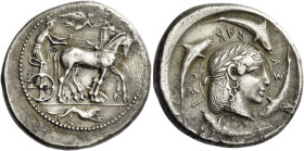 Syracuse. 
Tetradrachm of the Demareteion series circa 470-460, AR 16.95 g. Slow quadriga driven r. by charioteer, wearing chiton and holding reins i...
