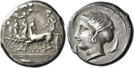 Syracuse. 
Tetradrachm unsigned work of Parmenides circa 405, AR 17.12 g. Fast quadriga driven l. by charioteer holding kentron and reins; above, Nik...