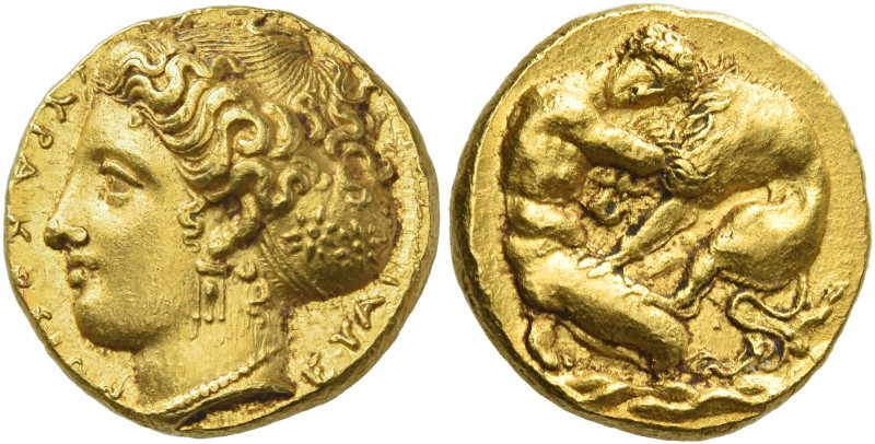 Syracuse.
Double-decadrachm signed by Euainetos circa 405-400, AV 5.77 g. ΣΥΡΑΚ...