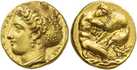Syracuse.
Double-decadrachm signed by Euainetos circa 405-400, AV 5.77 g. ΣΥΡΑΚΟΣΙΟΝ Head of nymph Arethusa l., hair elaborately waved and caught up ...