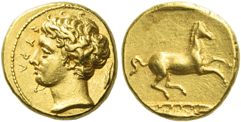 Syracuse. 
Decadrachm or 50 litrae circa circa 405-400, AV 2.88 g. ΣYPA Young m...