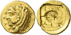 Syracuse. 
Tetradrachm or 20 litrae circa 405-400, AV 1.16 g. ΣYPA Head of Heracles l., wearing lion's skin headdress. Rev. Quadripartite incuse squa...