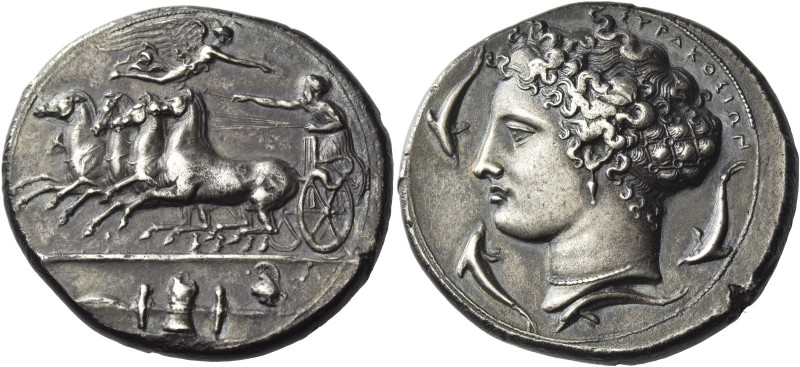 Syracuse. 
Decadrachm unsigned work by Kimon circa 408, AR 42.51 g. Fast quadri...