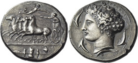 Syracuse. 
Decadrachm unsigned work by Kimon circa 408, AR 42.51 g. Fast quadriga driven l. by charioteer, holding reins and kentron; in field above,...
