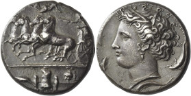 Syracuse. 
Decadrachm signed by Euainetos circa 400, AR 42.13 g. Fast quadriga driven l. by charioteer, holding reins and kentron; in field above, Ni...