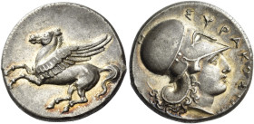 Syracuse. 
Corinthian stater, 344-337, AR 8.66 g. Pegasus flying l. Rev. ΣΥΡΑΚΟΣΙΩN Head of Athena r., wearing Corinthian helmet. SNG Lloyd 1442. SNG...