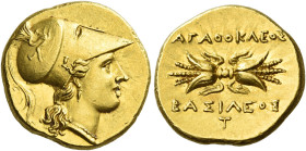 Syracuse. 
Double decadrachm or 100 litrae circa 305-289, AV 5.70 g. Head of Athena r., wearing crested Corinthian helmet decorated with a griffin, a...
