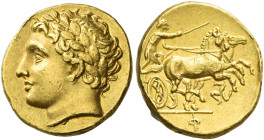 Syracuse. 
Decadrachm or 50 litrae circa 305-289, AV 2.85 g. Laureate head of Apollo l. Rev. Prancing biga driven r. by charioteer holding kentron an...