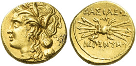 Syracuse. 
Pentadrachm 215-214, AV 2.12 g. Head of Kore-Persephone l.; behind, oak-wreath. Rev. ΒΑΣΙΛΕΟΣ / AΦ / ΙΕΡΩΝΙΜΟΥ Winged thunderbolt. Hollowa...