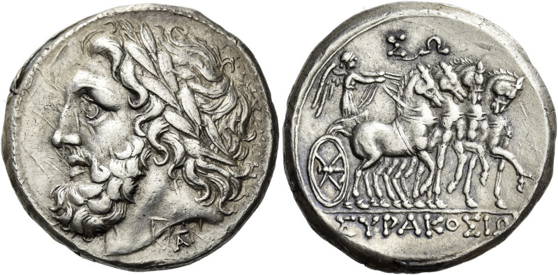 Syracuse. 
16 litrae 214-212, AR 13.59 g. Laureate head of Zeus l.; below neck ...