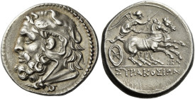 Syracuse. 
6 litrae circa 214-212, AR 5.06 g. Bearded head of Heracles l., wearing lion's skin headdress. Rev. ΣYPAKOΣIΩN Nike driving fast biga r., ...