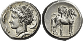 The Carthaginians in Sicily and North Africa. 
Tetradrachm, Entella circa 350-340, AR 17.26 g. Head of Tanit (Kore-Persephone) l., wearing barley- wr...