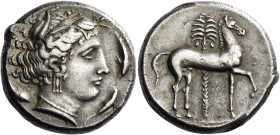 The Carthaginians in Sicily and North Africa. 
Tetradrachm, Entella circa 350-340, AR 17.43 g. Head of Tanit (Kore-Persephone) r., wearing barley-wre...