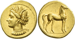 The Carthaginians in Sicily and North Africa. 
Stater, Carthago (?) circa 350-320, AV 9.38 g. Head of Tanit (Kore-Persephone) l., wearing barley-wrea...
