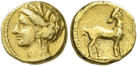 The Carthaginians in Sicily and North Africa. 
1/5 shekel, Carthago (?) circa 350-320, AV 1.30 g. Head of Tanit (Kore-Persephone) l., wearing reed an...