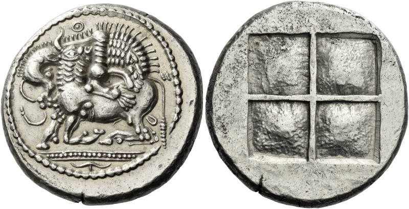 Macedonia, Acanthus. 
Tetradrachm circa 470-430, AR 16.13 g. Lion r., attacking...