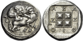 Macedonia, Acanthus. 
Tetradrachm, magistrate Alexios circa 370-360, AR 13.94 g. Bull crouching to l., attacked by lion leaping on its back to r. In ...
