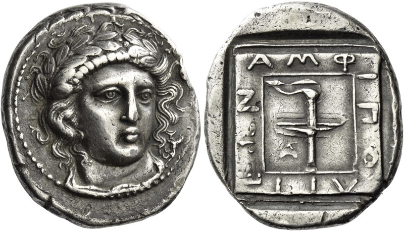 Amphipolis. 
Tetradrachm circa 366-365, AR 14.14 g. Laureate head of Apollo, fa...