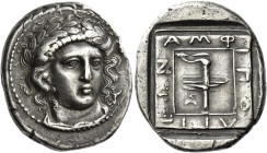 Amphipolis. 
Tetradrachm circa 366-365, AR 14.14 g. Laureate head of Apollo, facing three-quarters r., hair flowing at sides of face; in r. field, li...