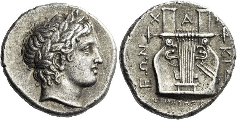 Olynthus, the Chalcidian League. 
Tetradrachm circa 361-358, AR 14.47 g. Laurea...