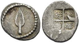 Uncertain mint. 
Hemiobol circa 400, AR 0.42 g. Spearhead. Rev. Quadripartite incuse. SNG ANS 1003. Klein 119. SNG Berry 53.
Rare and in unusual con...