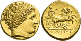 Kings of Macedonia, Philip II, 359 – 336 and posthumous issues. 
Stater, Pella circa 340/336-328, AV 8.60 g. Laureate head of Apollo r. Rev. ΦΙΛΙΠΠΟΥ...