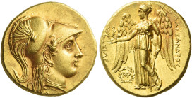 Alexander III, 336-323 BC and posthumous issue.
Stater under Peithon, Babylon, circa 315-311, AV 8.58 g. Head of Athena r., wearing triple-crested Co...