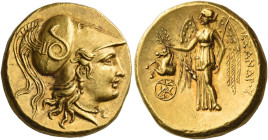Alexander III, 336-323 BC and posthumous issue. 
Stater, Sinope circa 230-200, AV 8.55 g. Head of Athena r., wearing triple crested Corinthian helmet...