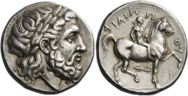 Philip III Arridhaeus, 323 – 316. 
Tetradrachm, Pella circa 323-317, AR 14.35 g. Laureate head of Zeus r. Rev. ΦΙΛΙΠΠΟΥ Youth, holding palm frond, on...