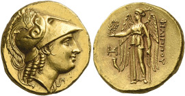 Philip III Arridhaeus, 323 – 316. 
Stater, Abydus circa 323-316, AV 8.60 g. Head of Athena r., wearing crested Corinthian helmet decorated with snake...