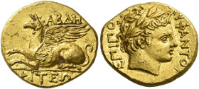 Thrace, Abdera. 
Stater end of IV-early III century, AV 6.41 g. AB?H – PITEΩ[N] Griffin seated l. Rev. ΕΠΙ ΠΟ?[Λ]ΥΦΑΝΤΟΥ Laureate head of Apollo r. M...