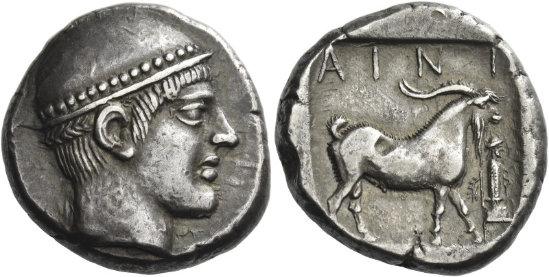 Ainos. 
Tetradrachm circa 455, AR 16.66 g. Head of Hermes r., wearing brimmed c...