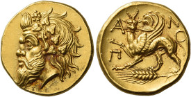 Tauric Chersonesus, Panticapaeum. 
Stater circa 340-325, AV 9.04 g. Bearded head of Pan l., wearing wreath of ivy leaves. Rev. Π – A – N Griffin stan...