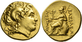 Kings of Thrace, Lysimachus 323-281 and posthumous issues. 
Stater, uncertain mint circa 305-281, AV 8.52 g. Diademed head of deified Alexander III r...
